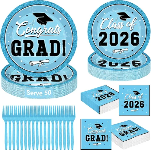 Vista 14 de QZYL 200 suministros para fiesta de graduación 2026, platos y servilletas de graduación negros y dorados, platos de postre desechables y tenedores