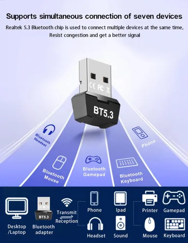 Vista 5 de Adaptador USB Bluetooth 5.3 para PC, compatible con Windows 11/10/8.1/7,5.3+EDR Bluetooth transmisor receptor inalámbrico para escritorio, portátil