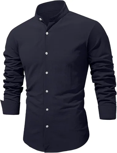 Vista 3 de JMIERR Camisas de algodón y lino para hombre, de verano, casual, de manga larga, cuello con botones, camisa de playa