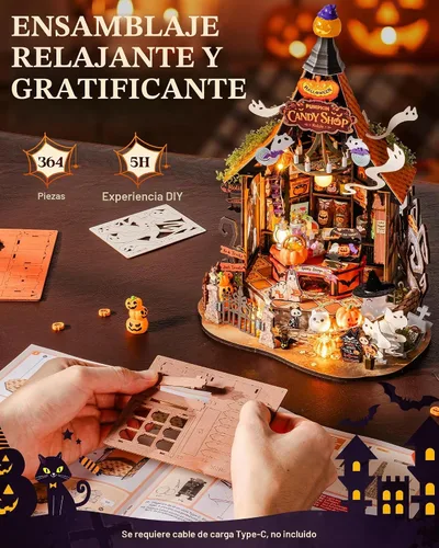 Vista 7 de Rolife Kit de casa de dulces embrujada de Halloween DIY con 9 luces LED, kits de construcción de modelos de casa pequeña para principiantes