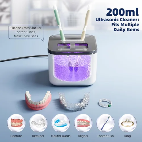 Vista 3 de Máquina limpiadora ultrasónica de retenedores, limpiador de dentaduras, limpiador dental y de joyas todo en uno para alineadores, protectores