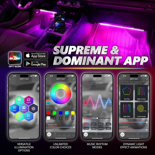 Vista 2 de OPT7 Aura Pro 4 piezas Tiras de luz LED dobles para interior de auto con APP y control remoto, modo multicolor, kit de iluminación de acento de neón