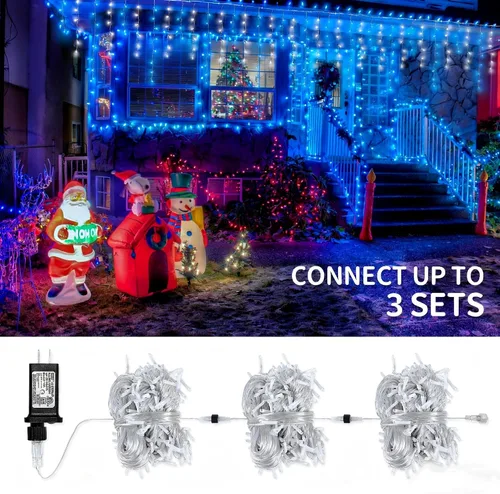 Vista 5 de Luces de carámbano para decoración al aire libre, 300 LED, 33 pies, 8 modos, cortina de luces con 50 gotas, tira de luces LED para interiores