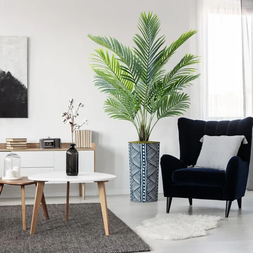 Vista 10 de Árbol artificial con diseño de hojas blancas y negras, palmera tropical areca artificial de seda para decoración del hogar en interiores y Diseño