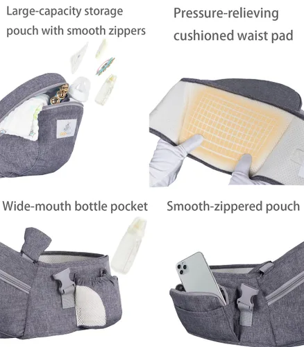 Vista 4 de Portabebés con Asiento de Cadera para Bebé, Taburete de Cintura para Niño Infante Pequeño con Correa Ajustable, Hebilla, Bolsillo, Interior Suave