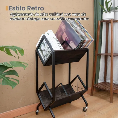 Vista 5 de SwaaVee Estante de almacenamiento de discos de vinilo con ruedas, soporte de discos de vinilo de 2 niveles 160-200 LP con divisores, estilo retro