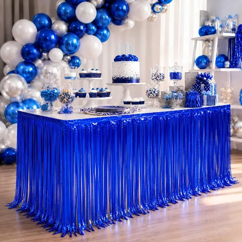 Vista 10 de Faldas de mesa de oropel de papel metálico con flecos para mesas rectangulares, cortinas de serpentina, telón de fondo para cumpleaños, boda