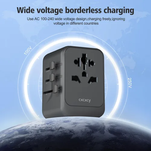 Vista 4 de Adaptador de viaje universal GaN de 45 W Adaptador de corriente internacional de 5 puertos con 2 USB-C PD 3.0, 2 USB-A QC 3.0 y salida de CA