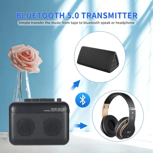 Vista 3 de Grabadora de casete con transmisor Bluetooth, reproductor de cinta de casete pequeño con conector para auriculares, altavoz integrado, conector