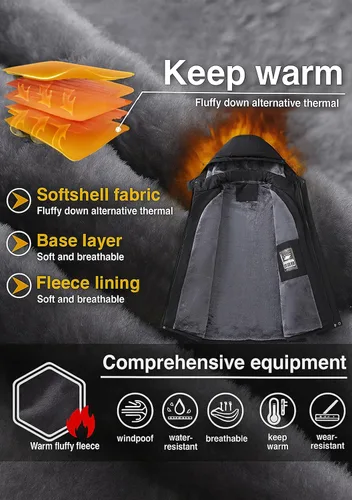 Vista 3 de PEGENO Chaqueta de Esquí para Hombre Resistente al Agua Cortavientos Aislada Forro Polar Térmico Chaquetas de Invierno Parka Impermeables Con Capucha