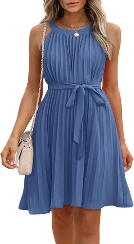 Vista 3 de SAMPEEL Vestidos de verano para mujer, casual, cuello halter, sin mangas, plisados, línea A, botón en la parte trasera con cinturón