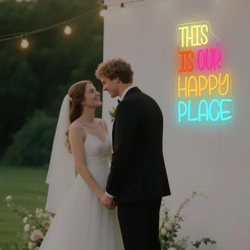 Vista 6 de NOSUN Letrero de neón con texto en inglés «This is Our Happy Place» para decoración de pared, letras coloridas y alegres, luces LED de neón con USB