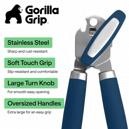 Vista 2 de GORILLA GRIP Abrelatas y abrebotellas manual de acero inoxidable de servicio pesado con borde liso, mango suave y cómodo, perilla giratoria manual