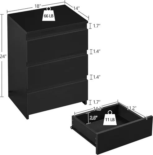 Vista 3 de Yaheetech - Mesita de noche con cajones, mesa auxiliar de cabecera con 3 cajones y base resistente, mesa de acento de madera con espacio de Negro