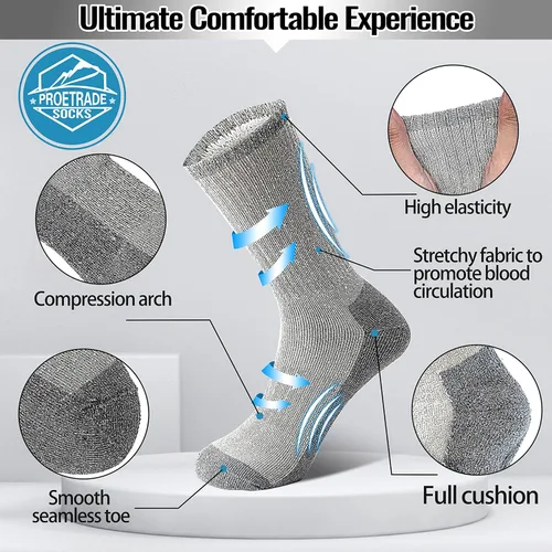 Vista 2 de ProEtrade 4 Pairs Merino Wool Hiking Socks Thermal Warm Winter Cushion Moisture Wicking Boot Socks for Men