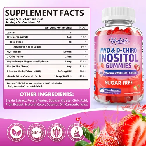 Vista 2 de Gomitas de mio-inositol y D-Chiro inositol para mujer, sin azúcar, 60