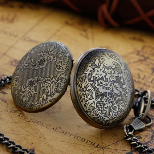 Vista 6 de Both Sides - Reloj de bolsillo de cuarzo tallado en bronce con movimiento de cuarzo, reloj de bolsillo de cuarzo con clip de cadena para hombre