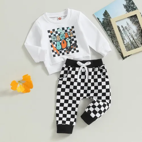 Vista 3 de Conjunto de 2 piezas de sudadera de manga larga con cuello redondo y estampado de letras de tractor para niño pequeño