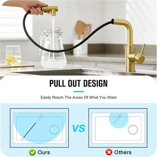 Vista 2 de CREA Grifo de Cocina Dorado con Pulverizador Extraíble - Grifo para Fregadero de Baño y Utilidad - Manija Única, 3 o 1 Agujero