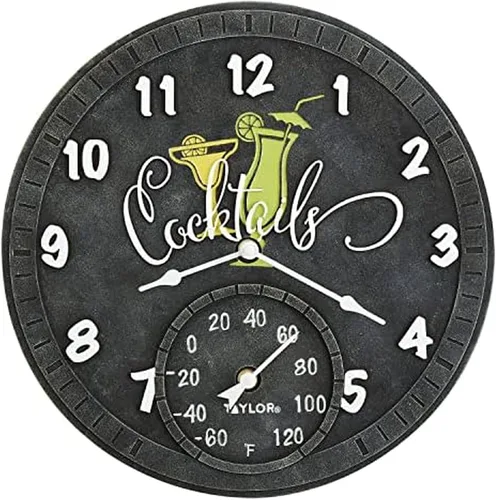 Vista 10 de Taylor Bourbon Barrel - Reloj y termómetro de poliresina para interiores y exteriores, decoración del hogar para jardín, patio, piscina y áreas