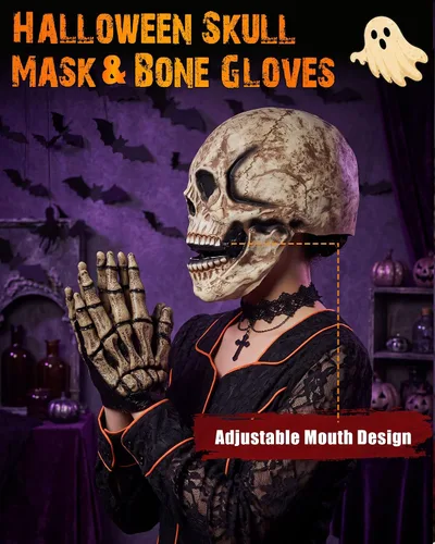 Vista 4 de Twistover Skull Mask with Skeleton Gloves, Latex Halloween Horror Set