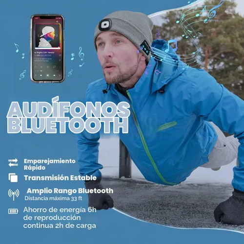 Vista 3 de Bosttor Gorro Beanie Bluetooth con Luz, Gorra con Linterna Frontal con Auriculares y Micrófono de Altavoz Integrado, Regalos para Hombres Mujeres