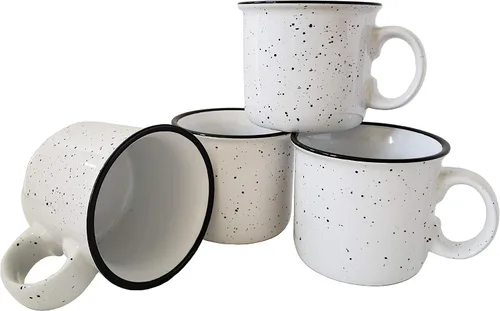 Vista 10 de Taza de café de cerámica de 14 onzas (juego de 4), color azul con acabado moteado, taza duradera de pared gruesa estilo campamento para exteriores
