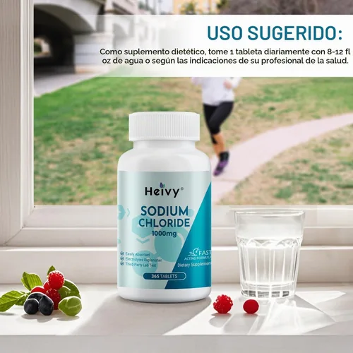 Vista 5 de Heivy Tabletas de cloruro de sodio de 1000 mg - Tabletas de sal pura, 365 tabletas, cloruro de sodio, sin OGM, equilibrio de electrolitos y soporte
