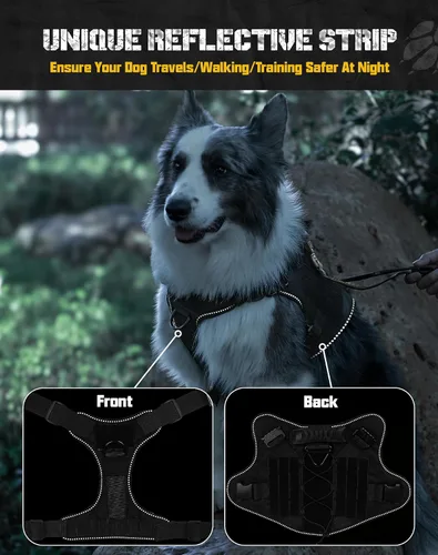 Vista 5 de Arnés militar para perro, sin tirones, con asa y Molle, de fácil control, arnés para perro, arnés de entrenamiento para caminar, ajustable, Verde