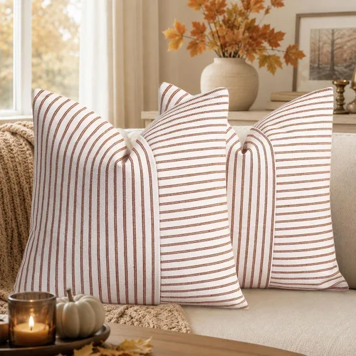 Vista 25 de Fundas de almohada de granja de 12 x 20 pulgadas, 2 fundas de almohada lumbares modernas, decorativas, de lino, con retazos de rayas negras y beige
