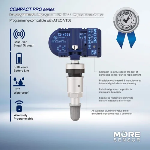 Vista 3 de MORESENSOR Compact PRO Series 315MHz TPMS Sensor de presión de neumáticos Paquete de 4 Preprogramado para modelos seleccionados de más de 35