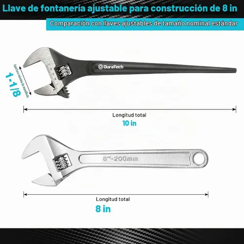 Vista 2 de DURATECH Llave inglesa de construcción ajustable de 8 pulgadas, acabado de óxido negro, acero CR-V, escala SAE y métrica marcada, orificios