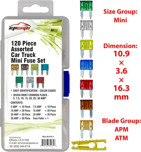 Vista 2 de Conjunto de fusibles surtidos mini cuchilla para camiones de vehículo de EPAuto, 120 piezas (5 / 7.5 / 10/15/20/25/30 AMP) Juego de 120 piezas