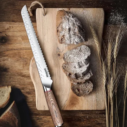 Vista 5 de Huusk Cuchillo de pan de 10 pulgadas Japón profesional de acero de alto carbono forjado a mano, cuchillos dentados ultra afilados de borde ondulado