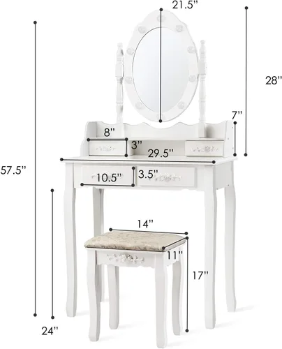 Vista 7 de CHARMAID Tocador de maquillaje con 10 luces LED, 4 cajones, estante de almacenamiento, perilla en forma de rosa, tocador de maquillaje