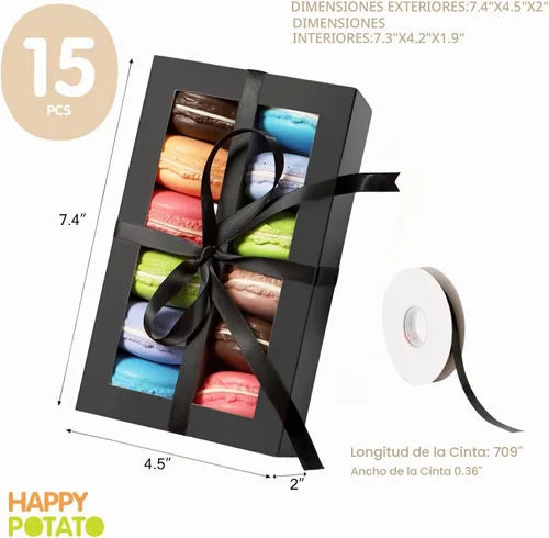 Vista 4 de HAPPY POTATO Paquete de 15 cajas de macarrones negros con ventana para 12, 7.2 x 4 x 1.9 pulgadas