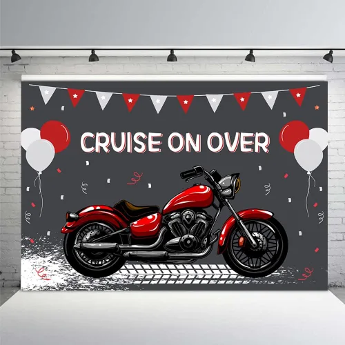 Vista 8 de MEHOFOND Telón de fondo de cumpleaños de motocicleta para niños, decoración de globos azules y blancos de carreras geniales para deportes extremos
