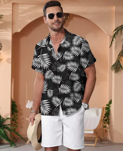 Vista 6 de KYKU - Camisa hawaiana funky para hombre, ropa tropical para vacaciones en Palm Beach