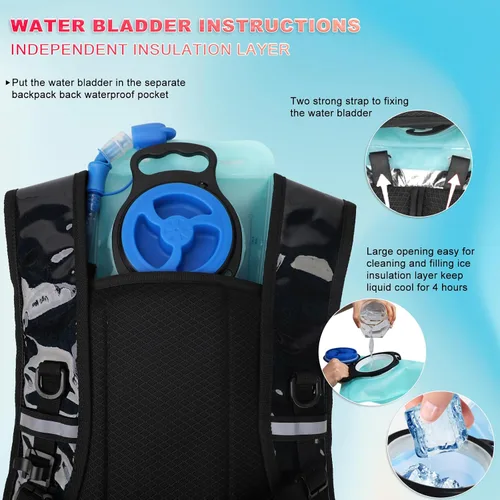 Vista 5 de Mochila de hidratación, mochila de agua con vejiga de agua de 2 L, paquete de hidratación esencial para festivales y rave, aislamiento ligero