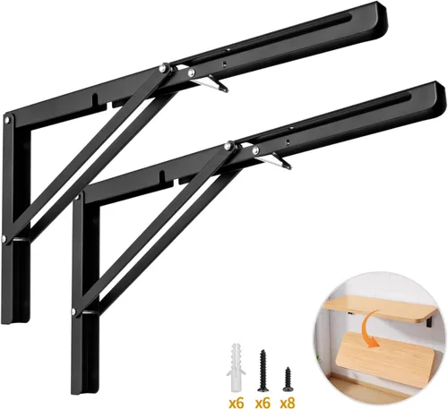 Vista 14 de Yarssihha Soporte plegable de estante de 8 pulgadas, paquete de 2 soportes plegables resistentes montados en la pared, soportes plegables de metal
