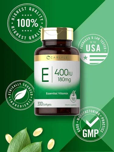 Vista 5 de Carlyle Vitamina E 400 UI Cápsulas Softgel 300 unidades Dl-Alpha Tocoferyl Suplemento sin OMG y sin gluten