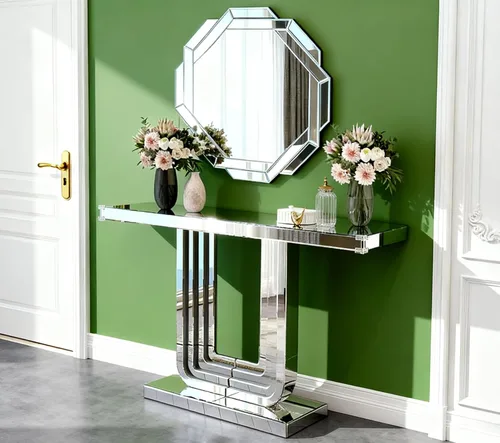 Vista 30 de Mesa Consola Negra con Espejo, Mesa de Sofá de Cristal Rectangular de 48 pulgadas con Elementos Tallados Vintage con Espejo, Muebles de Espejo