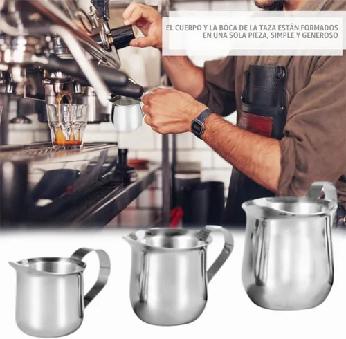 Vista 6 de Rolin Roly Jarra de espuma de leche de 4.5 onzas de acero inoxidable, pequeña jarra de café en forma de campana para barista, capuchino, tazas