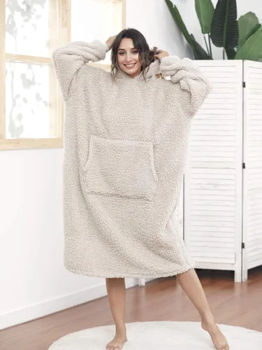 Vista 3 de Manta Sherpa con capucha de gran tamaño, sudadera con capucha y manga larga y bolsillo, color beige