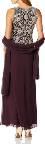 Vista 2 de J Kara Vestido largo sin mangas con cuentas festoneadas para mujer con bufanda