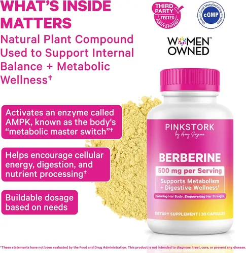 Vista 2 de Pink Stork Berberina 500 mg - Activador metabólico diario AMPK - 500 mg de metabolismo + apoyo para la salud intestinal para mujeres - probado por