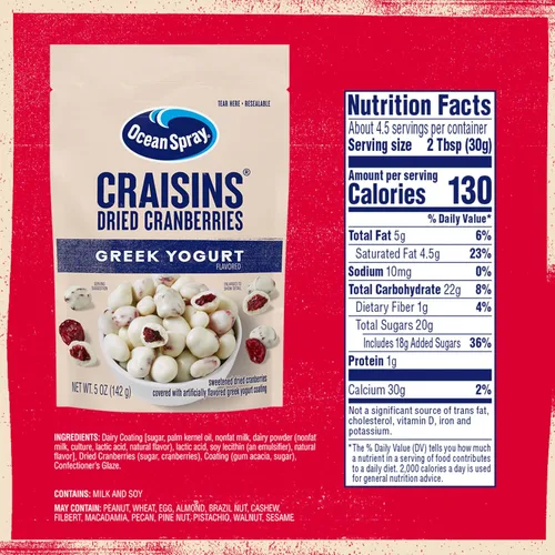 Vista 3 de Ocean Spray® Yogur griego cubierto Craisins®, sabor a yogur griego, arándanos cubiertos, frutas secas, bolsa de 5 onzas