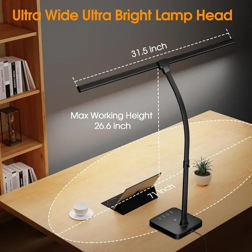 Vista 7 de ShineTech - Lámpara de escritorio LED de 24 W, doble cabezal con carga inalámbrica 25 Lighting Modes, USB Port, Dual Swing Arm, Eye-Caring