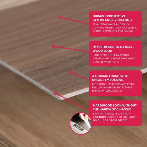 Vista 5 de LUCiDA SURFACES - Baldosas de vinilo de lujo, azulejos autoadhesivos para instalar uno mismo, 12 tablones con aspecto de madera, color granero