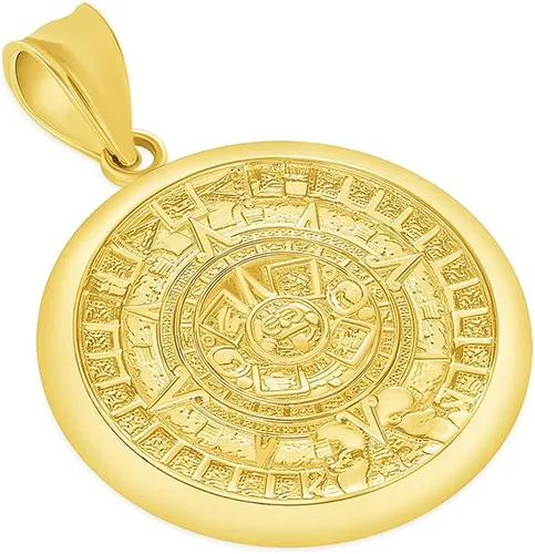 Vista 2 de Colgante de medallón de oro amarillo de 14 quilates con calendario maya azteca, Oro amarillo